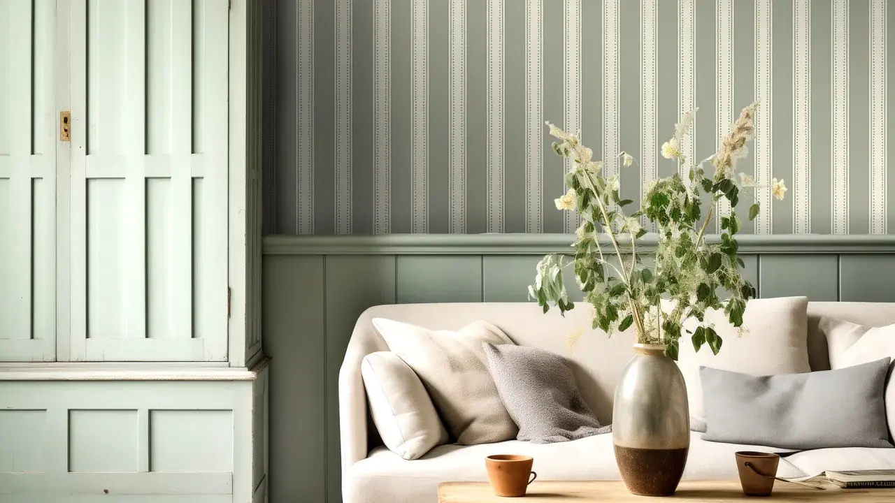 Un salón acogedor con un sofá beige, una mesita de madera y un armario antiguo. El papel para pared con gotele a rayas verdes y blancas crea un ambiente sereno.