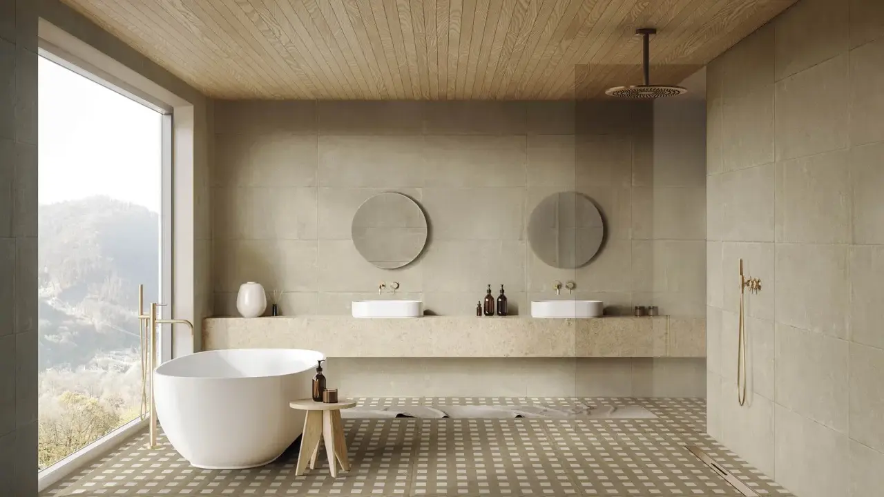Elegante baño con bañera exenta, lavabos dobles y ducha. Las paredes y el suelo combinan baño color beige y madera, creando un ambiente sereno.