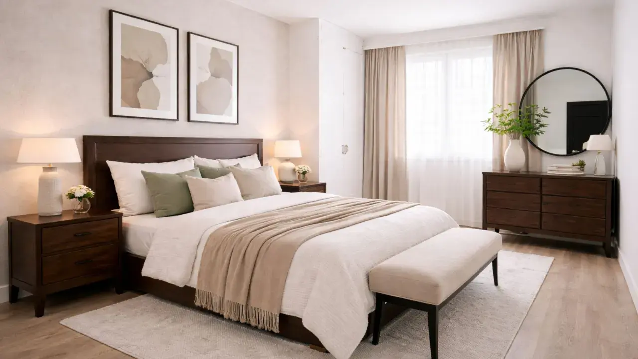 Habitación serena con cama de madera oscura, ropa de cama beige y verde salvia, y cuadros abstractos. Los colores de la habitación crean un ambiente acogedor.