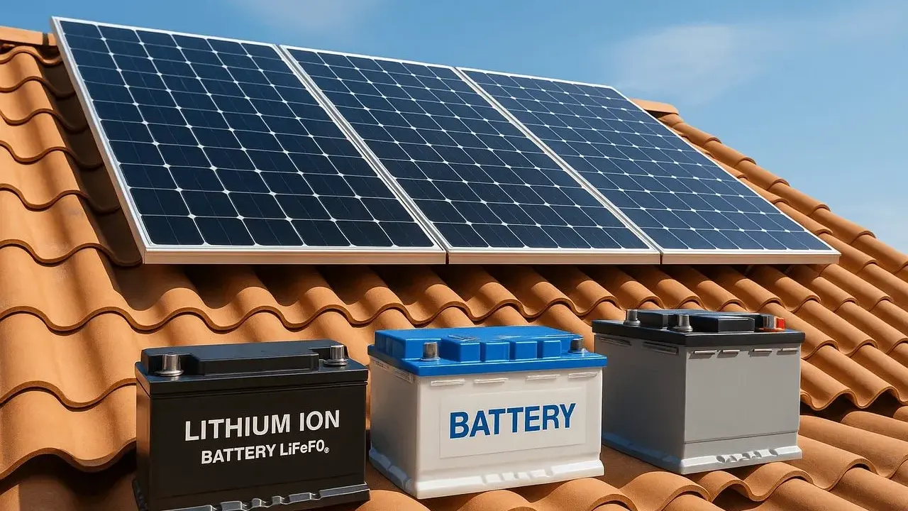 Paneles solares sobre un tejado, junto a tres acumuladores de luz: uno negro de litio, uno blanco y uno gris.