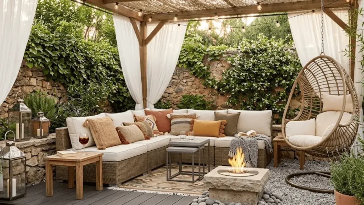 Acogedora zona chill out exterior con sofá modular, sillón colgante, hoguera y cortinas blancas. Un rincón perfecto para relajarse.