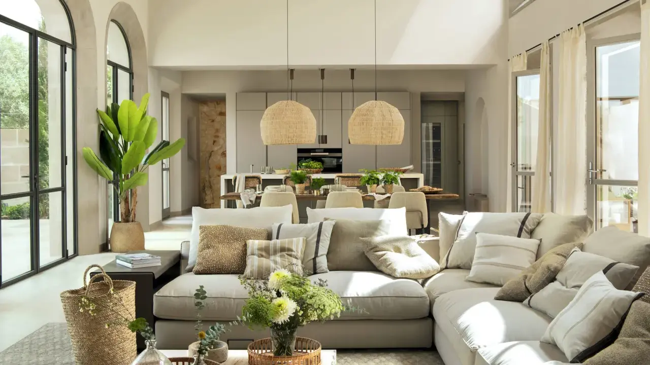 Salón y cocina integrados con **estilo moderno decoración**. Sofá modular beige, cestas de mimbre, plantas y lámparas de fibras naturales.