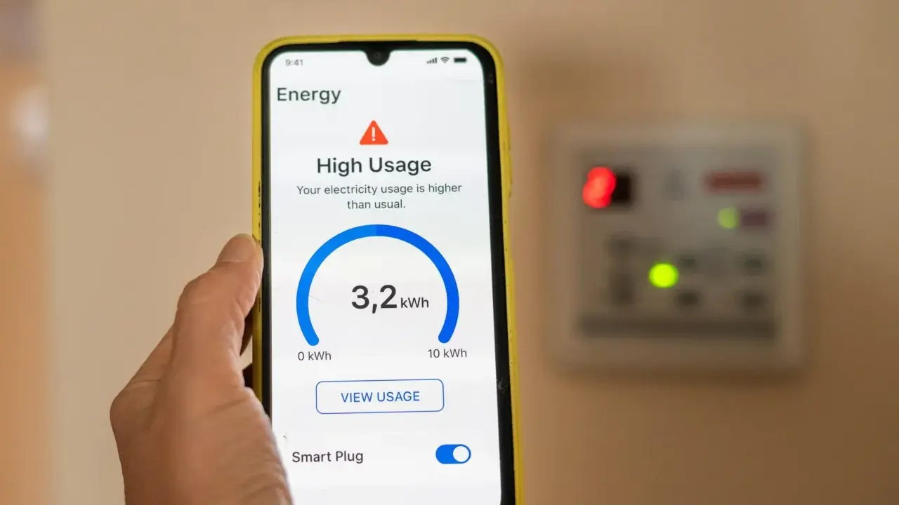 Un teléfono muestra cómo se mide el consumo eléctrico con 3,2 kWh y alerta de alto uso.