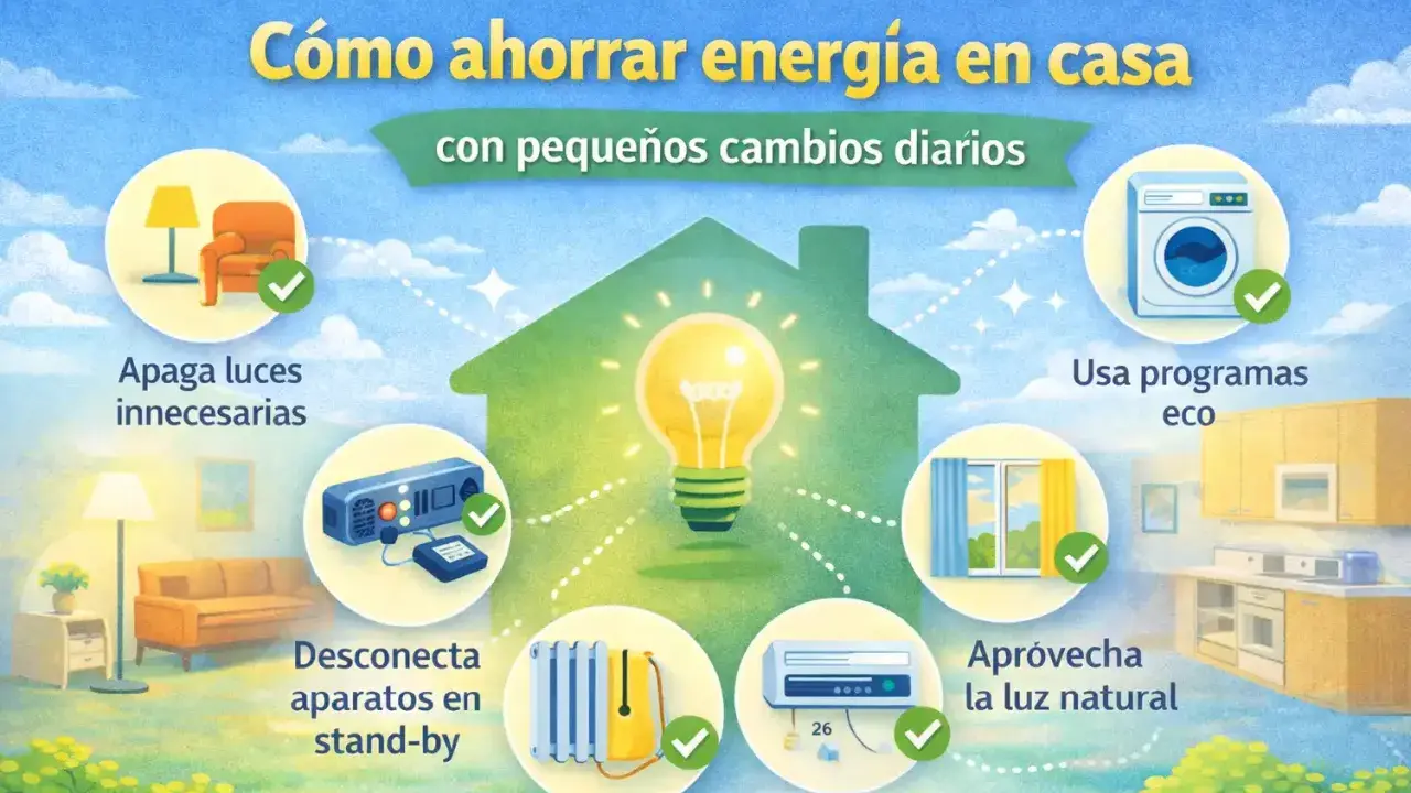 Guía visual para saber como ahorrar luz en casa: apaga luces, desconecta aparatos, usa programas eco, aprovecha luz natural.