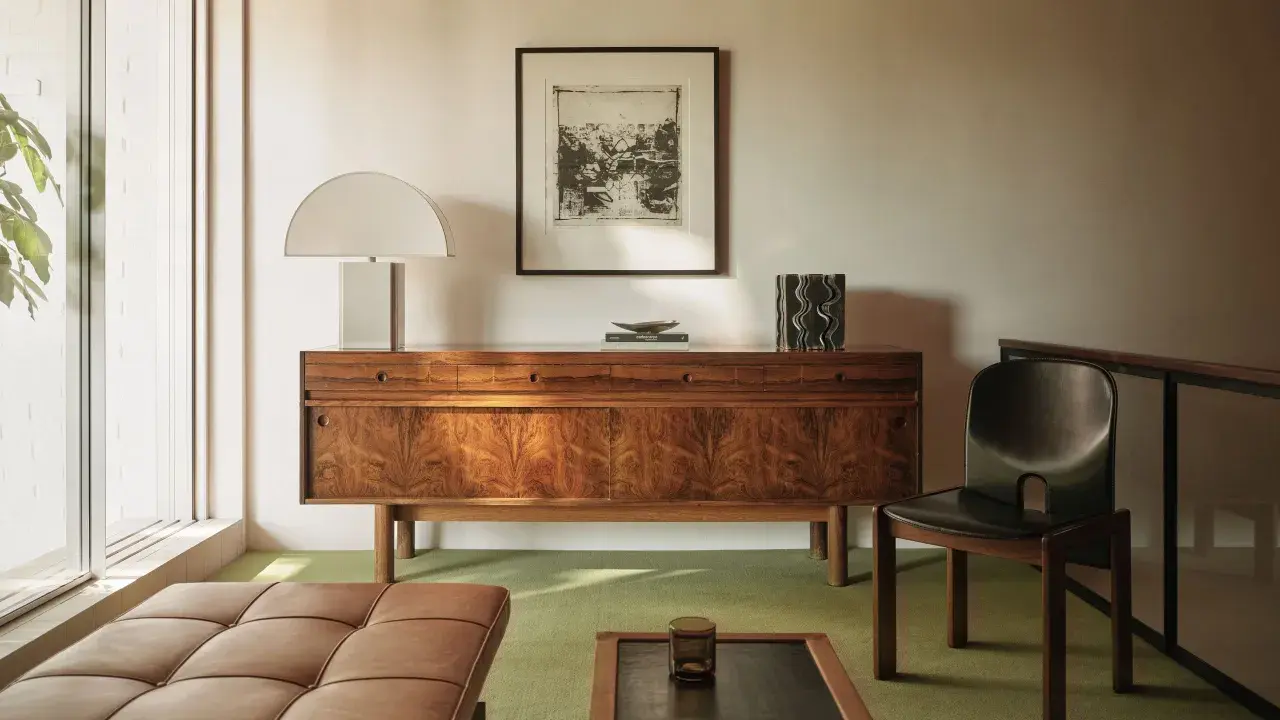 Elegante aparador de madera con **mid century decoracion**, lámpara de diseño, cuadro y silla de cuero.