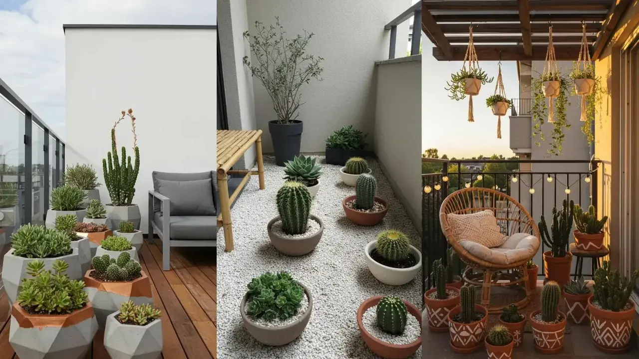 Balcones llenos de vida con jardineras con cactus y suculentas, creando oasis verdes y modernos.