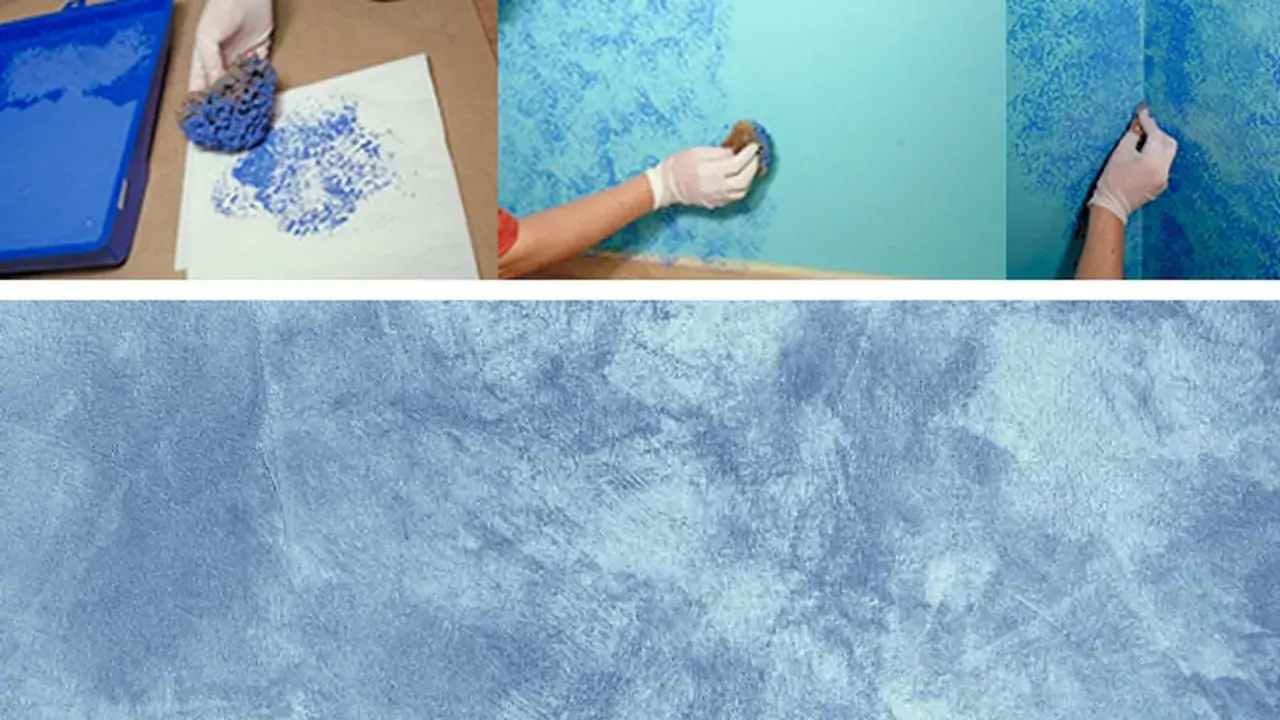 Manos con guantes crean originales pintar paredes con efectos texturizados usando esponjas y pintura azul.