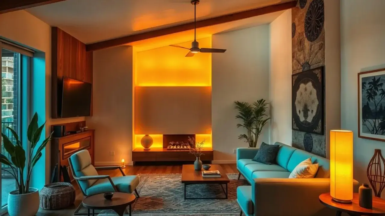 Salón de estilo mid century con sofá azul, chimenea iluminada y vigas de madera.