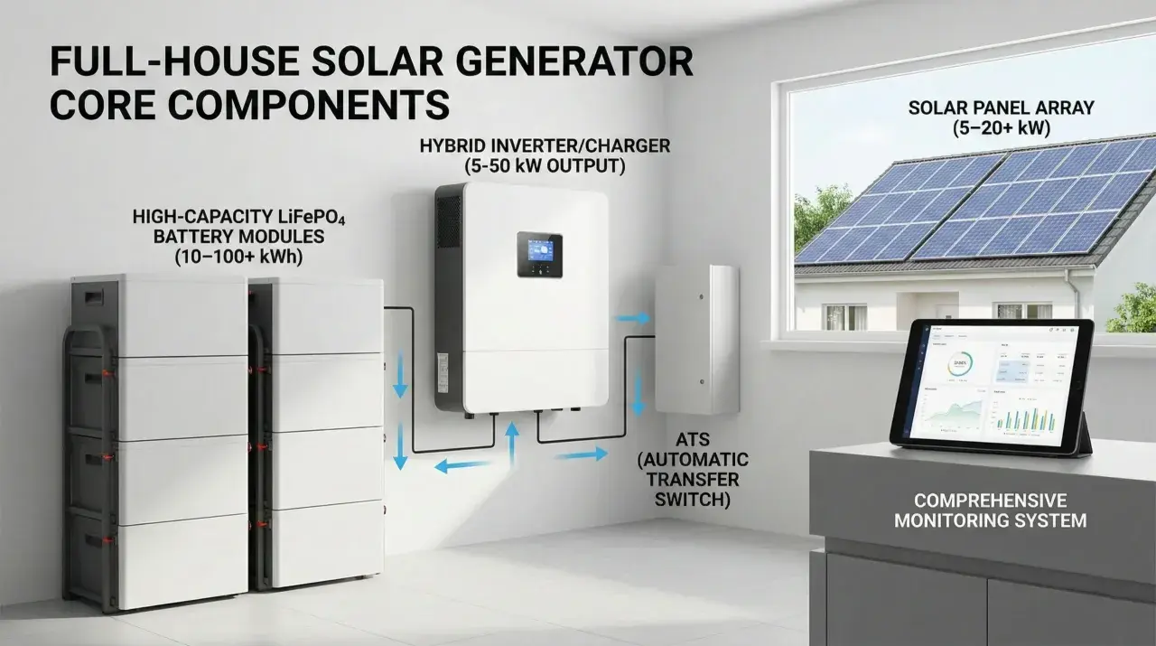 Componentes de un generador solar para el hogar: baterías, inversor, ATS y monitorización. Estas tecnologías energéticas aseguran tu autosuficiencia.
