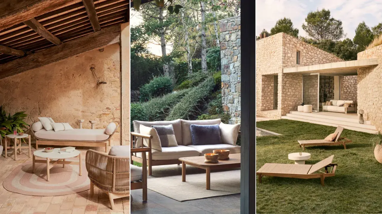Porches rústicos con encanto: tres escenas de exteriores con mobiliario de madera y piedra, invitando al relax.