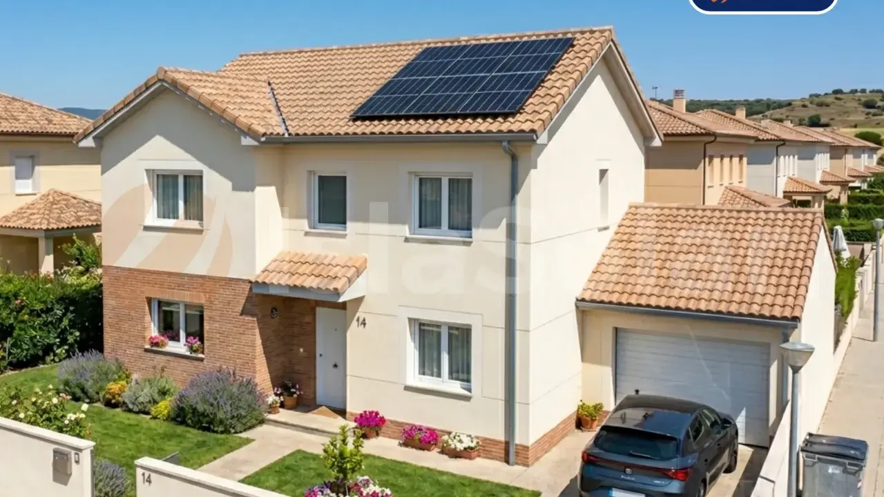 Casa moderna con paneles solares en el tejado, promoviendo el ahorro con paneles solares. Jardín cuidado y coche aparcado.