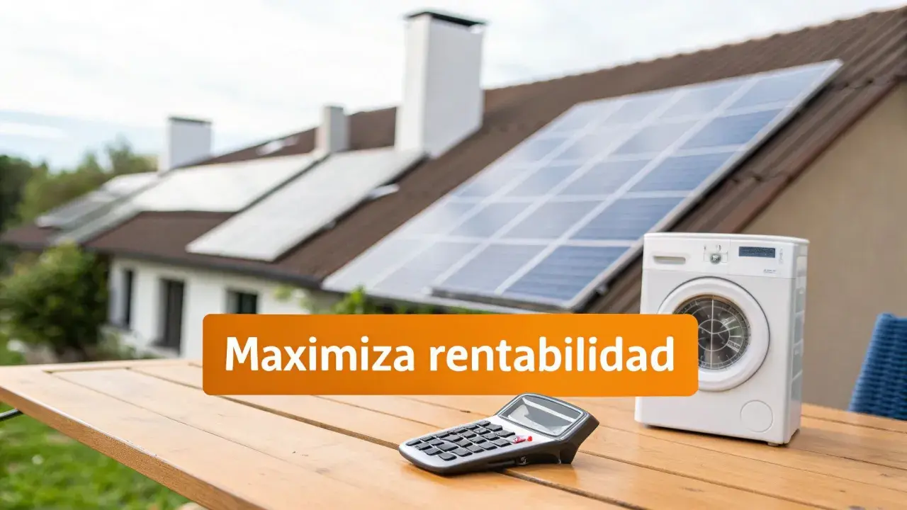 Paneles solares en tejado, lavadora y calculadora sobre mesa. Mensaje: "Maximiza rentabilidad" para tu excedente solar.