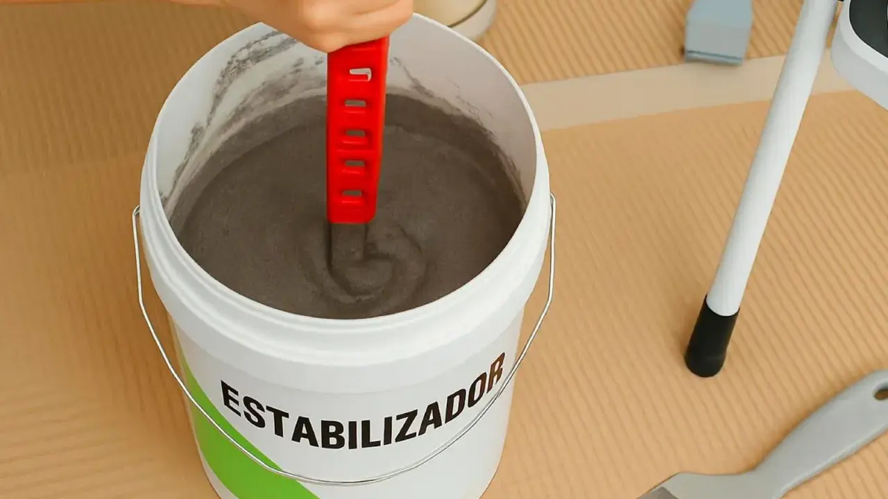 Mezclando estabilizador en un cubo para quitar gotele al temple. Herramientas de bricolaje a mano.