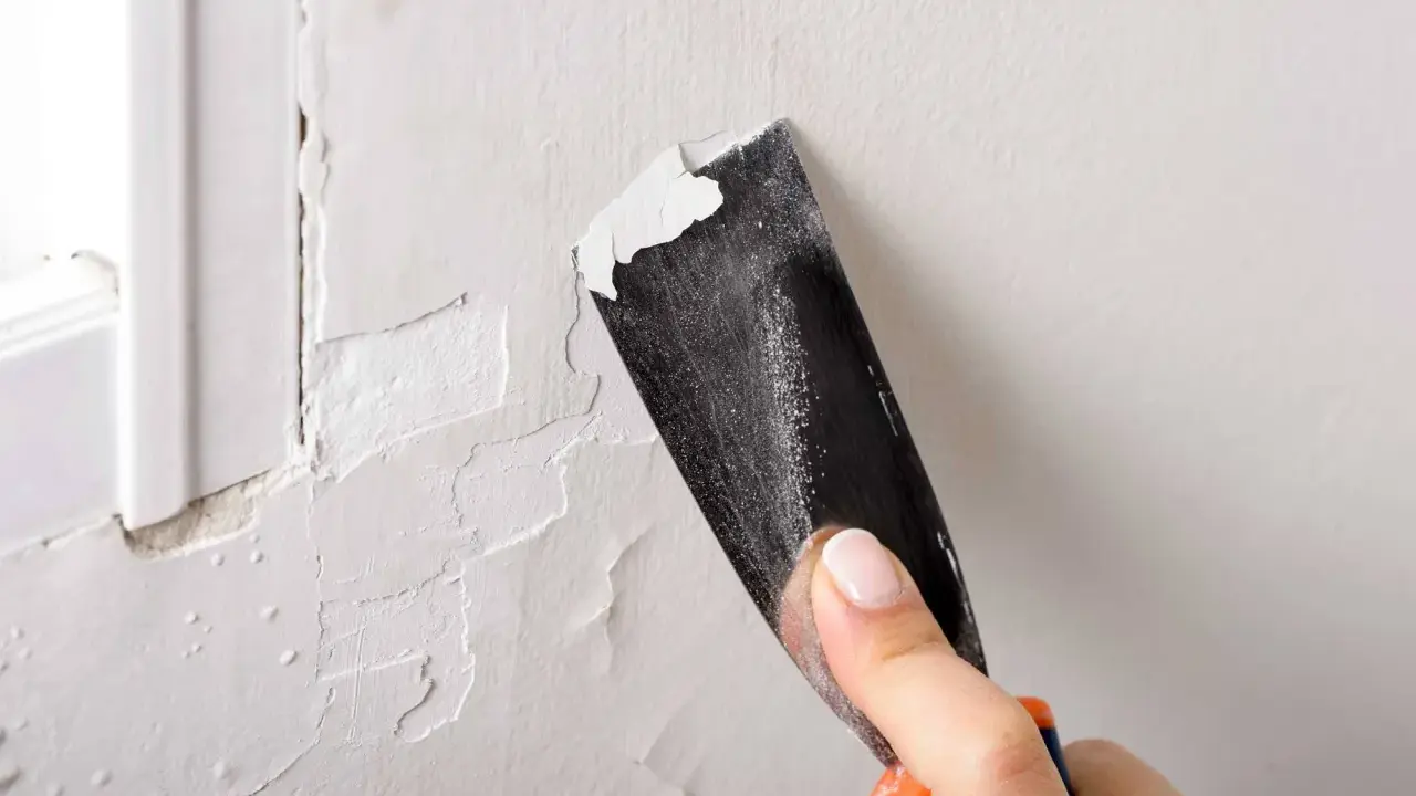 Raspando pintura vieja para preparar la pared. Paso clave para como pintar una pared ya pintada de otro color.