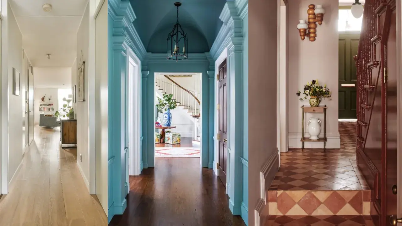 Paleta de colores para pasillos: tonos neutros, azul cielo y rosa pálido crean ambientes acogedores y elegantes.