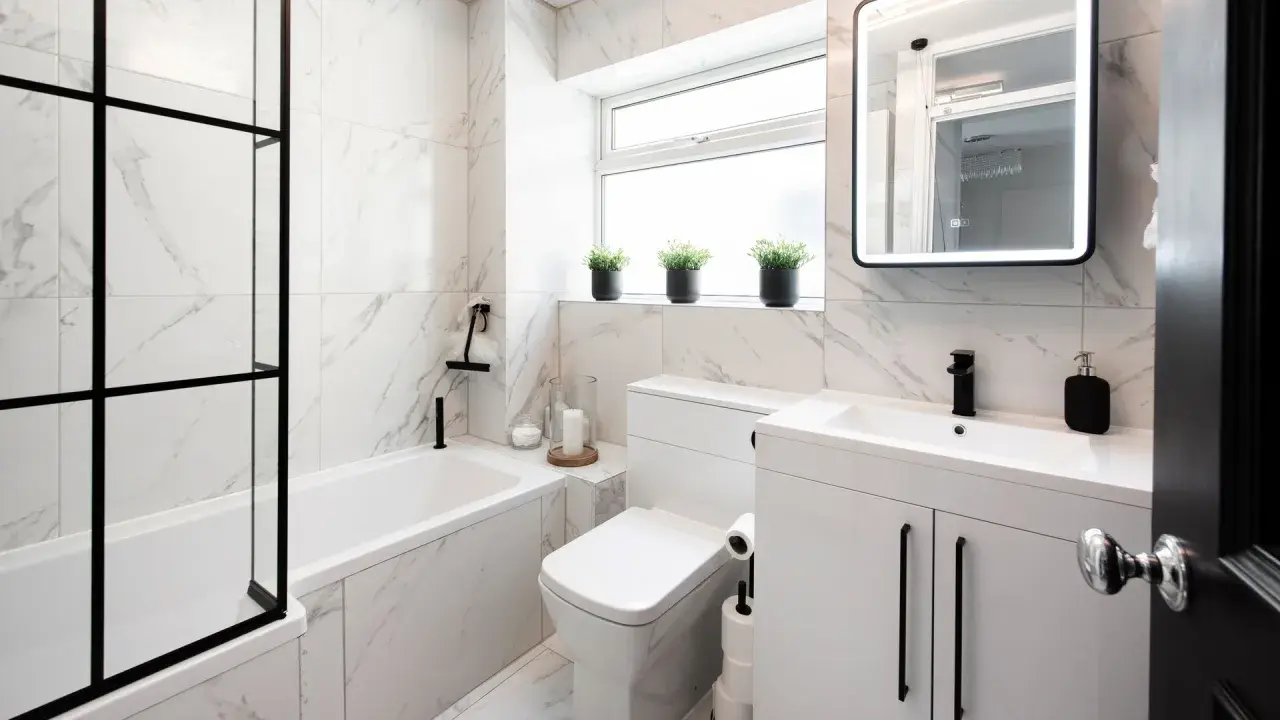 Elegantes azulejos de mármol blanco y negro para un baño pequeño. Ideas para un baño moderno y funcional.