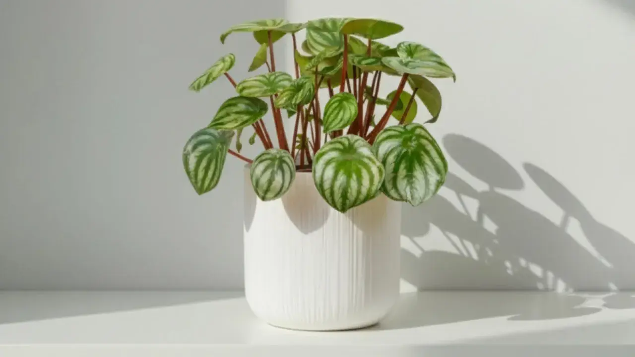 Peperomia sandía en maceta blanca. Sus cuidados son sencillos para tenerla radiante.