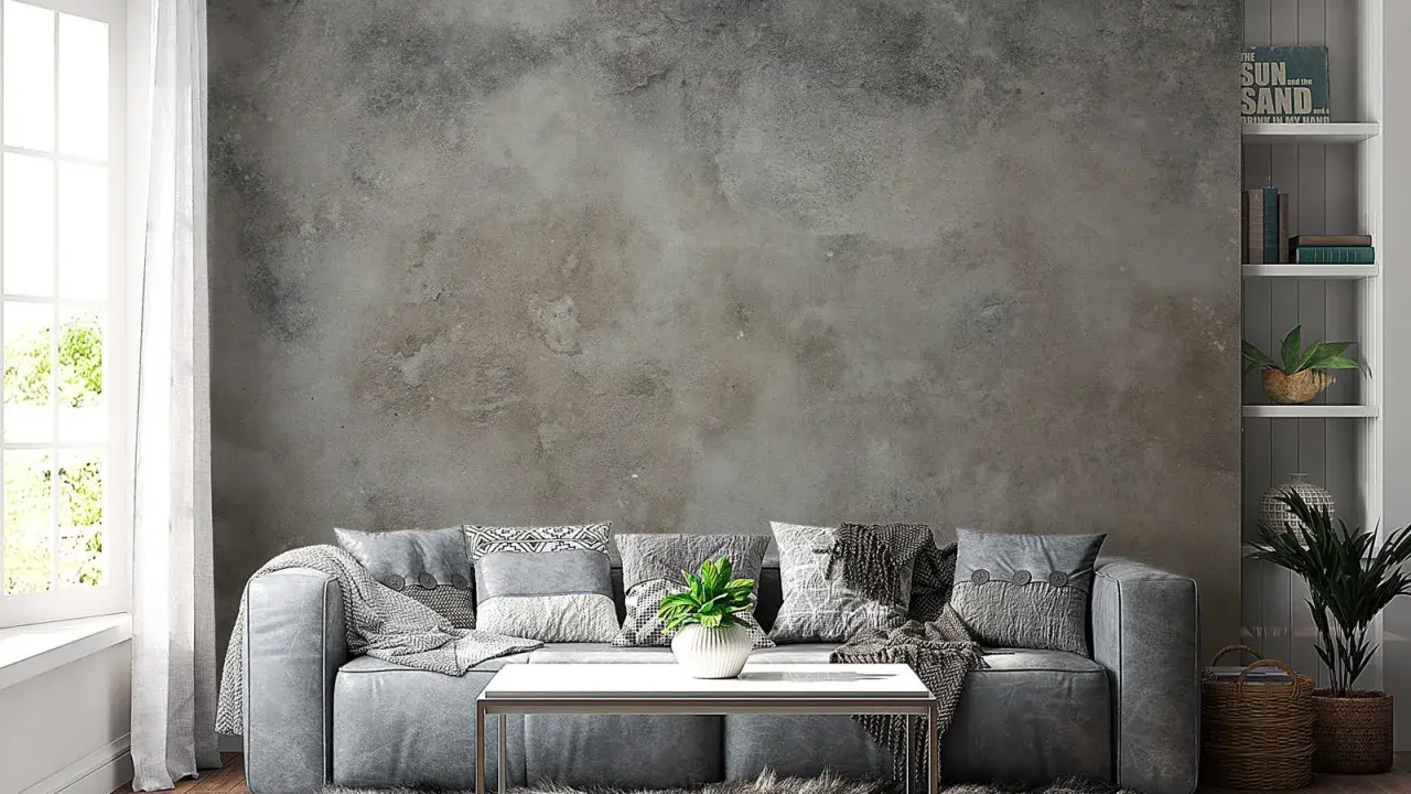 Sofá gris frente a una pared con efecto de pintar pared efecto envejecido. Alfombra peluda y mesa de centro metálica.