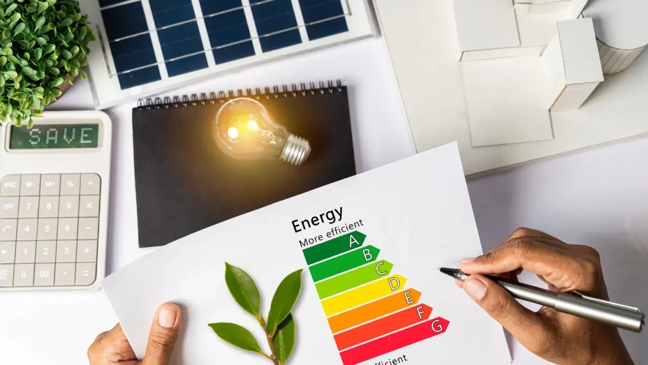 Calculadora muestra "SAVE". Hoja con etiqueta energética y bombilla. ¿Cuánto consume un ordenador en euros?