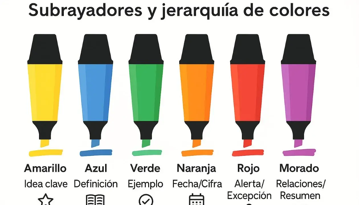 Subrayadores y jerarquía de colores: amarillo para ideas clave, azul para definiciones. ¿Cuál es el mejor color para estudiar? ¡Todos son útiles!