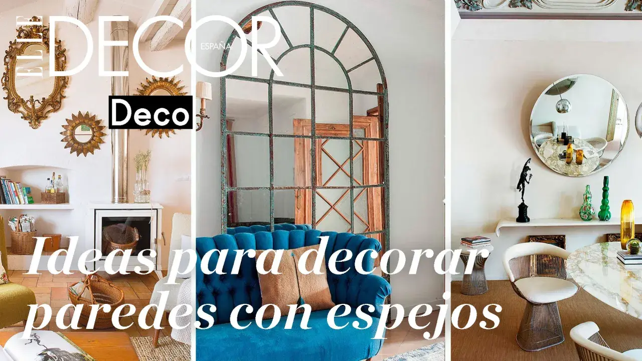 Ideas para decorar paredes con espejos: un espejo antiguo sobre chimenea, uno industrial sobre sofá azul y uno redondo sobre mesa de mármol.