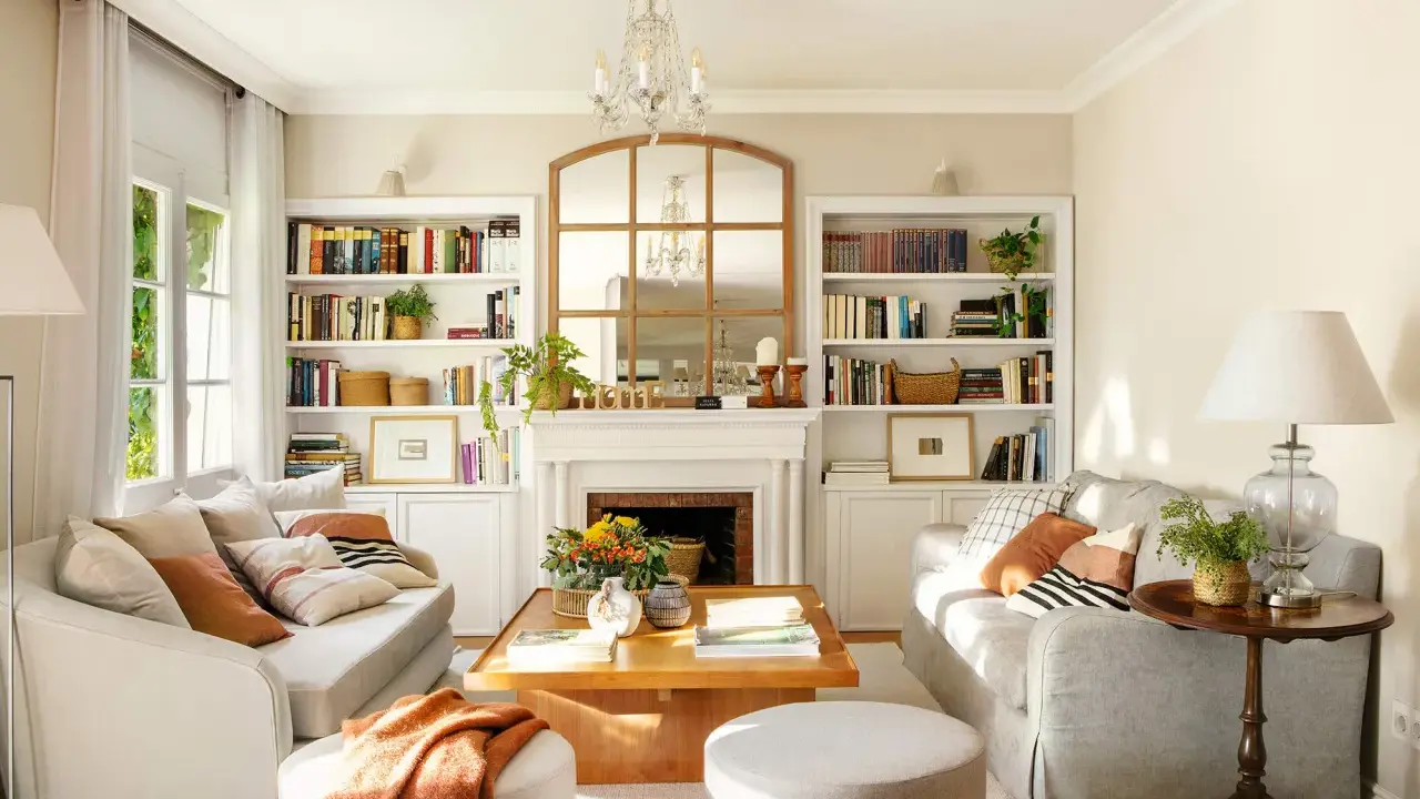 Un salón acogedor con sofás blancos y madera, sobre un fondo de color de pared para muebles blancos y madera.