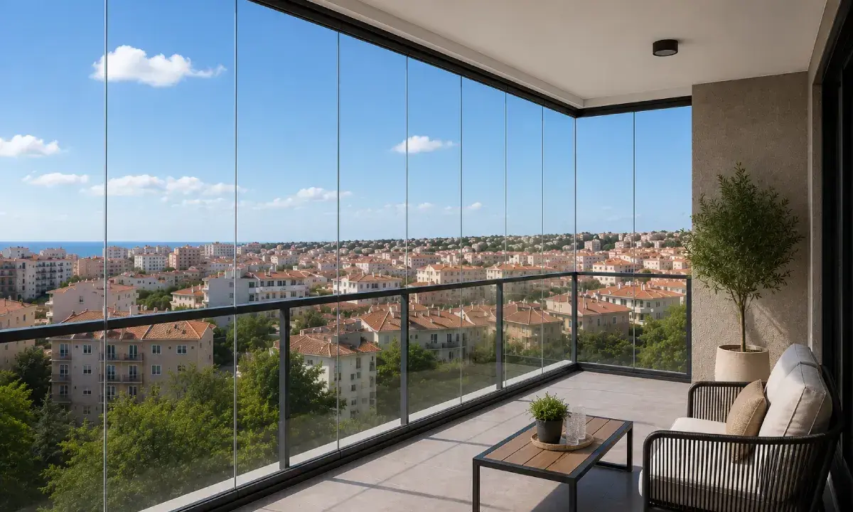 Balcón con una **fachada de cristal** que ofrece vistas panorámicas de una ciudad costera bajo un cielo azul.