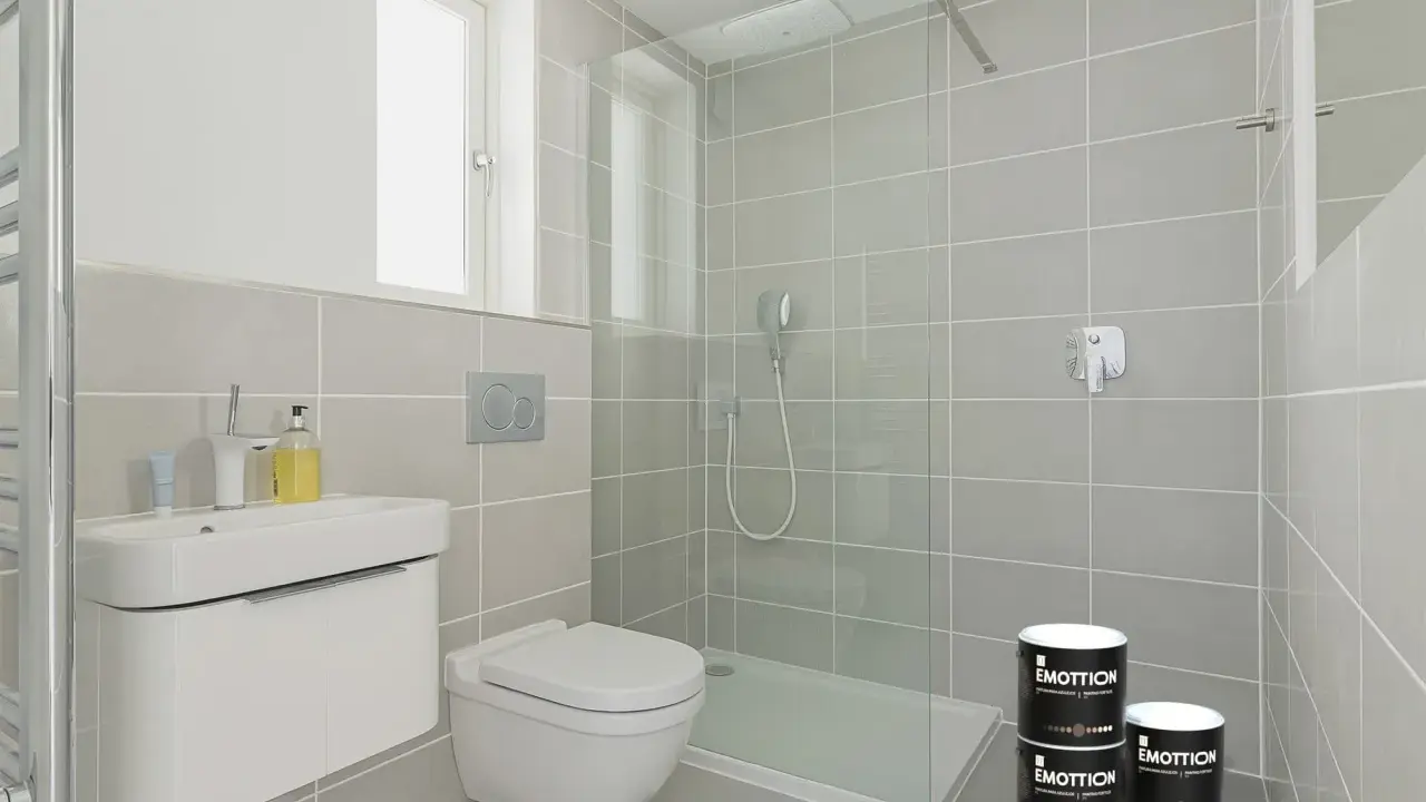 Moderno baño con ducha y lavabo. Latas de pintura para azulejos, perfectas para tus ideas para pintar azulejos baño.