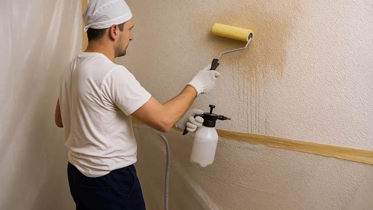 Hombre con rodillo y pulverizador, trabajando para quitar gotele plástico de la pared.