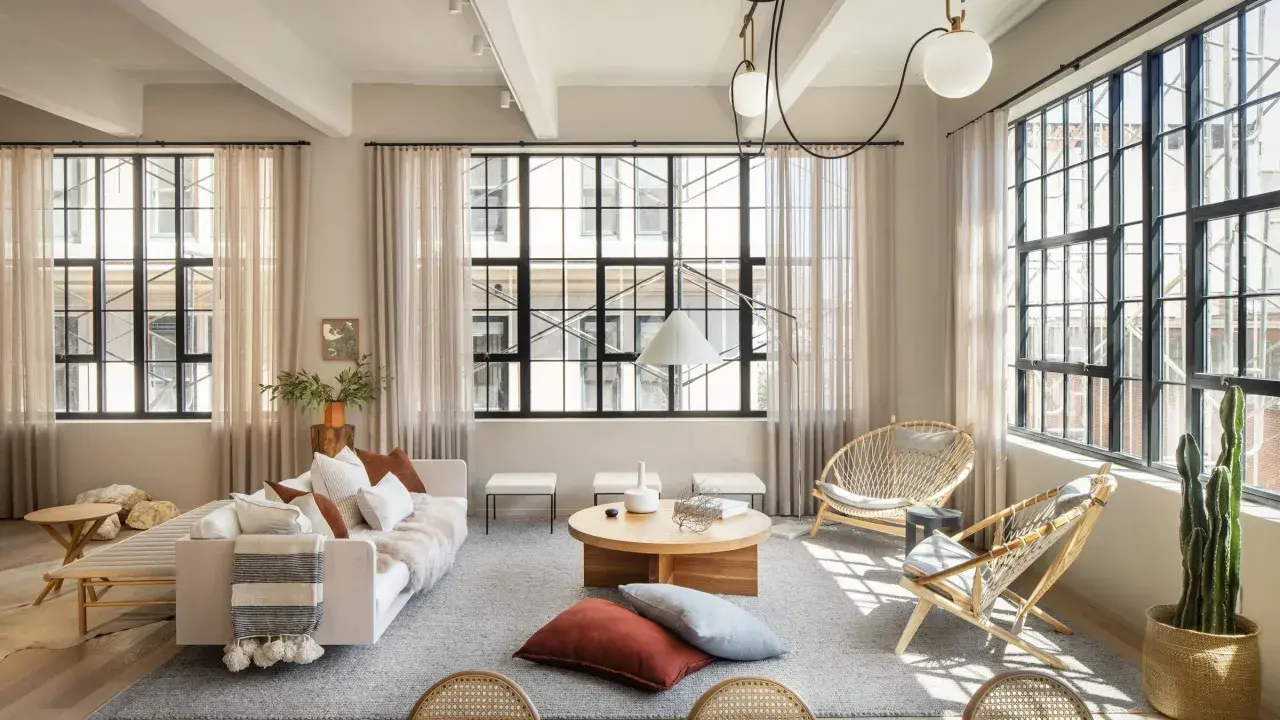 Salón con estilo industrial nórdico: sofá blanco, mesas de centro de madera, sillas de ratán y grandes ventanales.