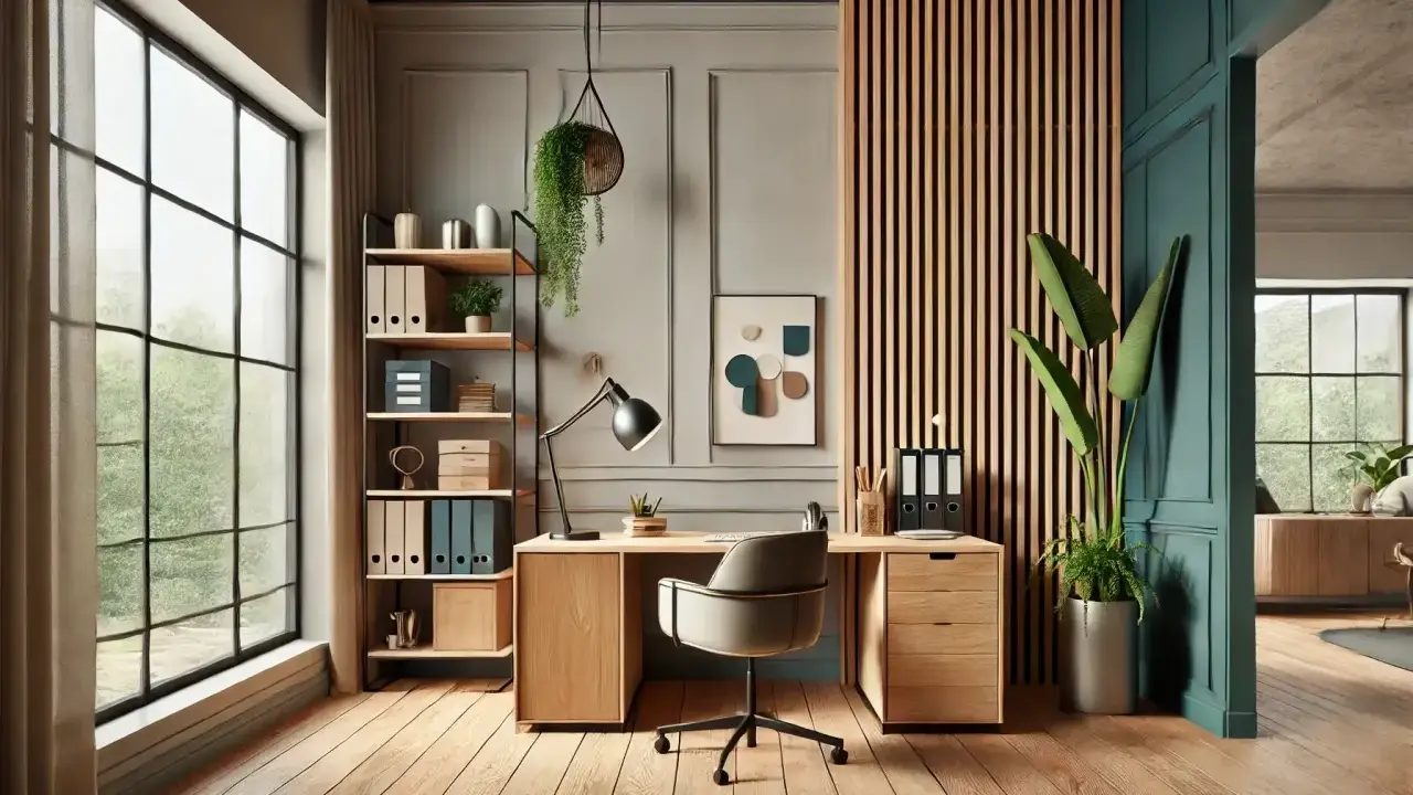 Escritorio moderno con detalles en madera y metal, estanterías, lámpara y plantas.