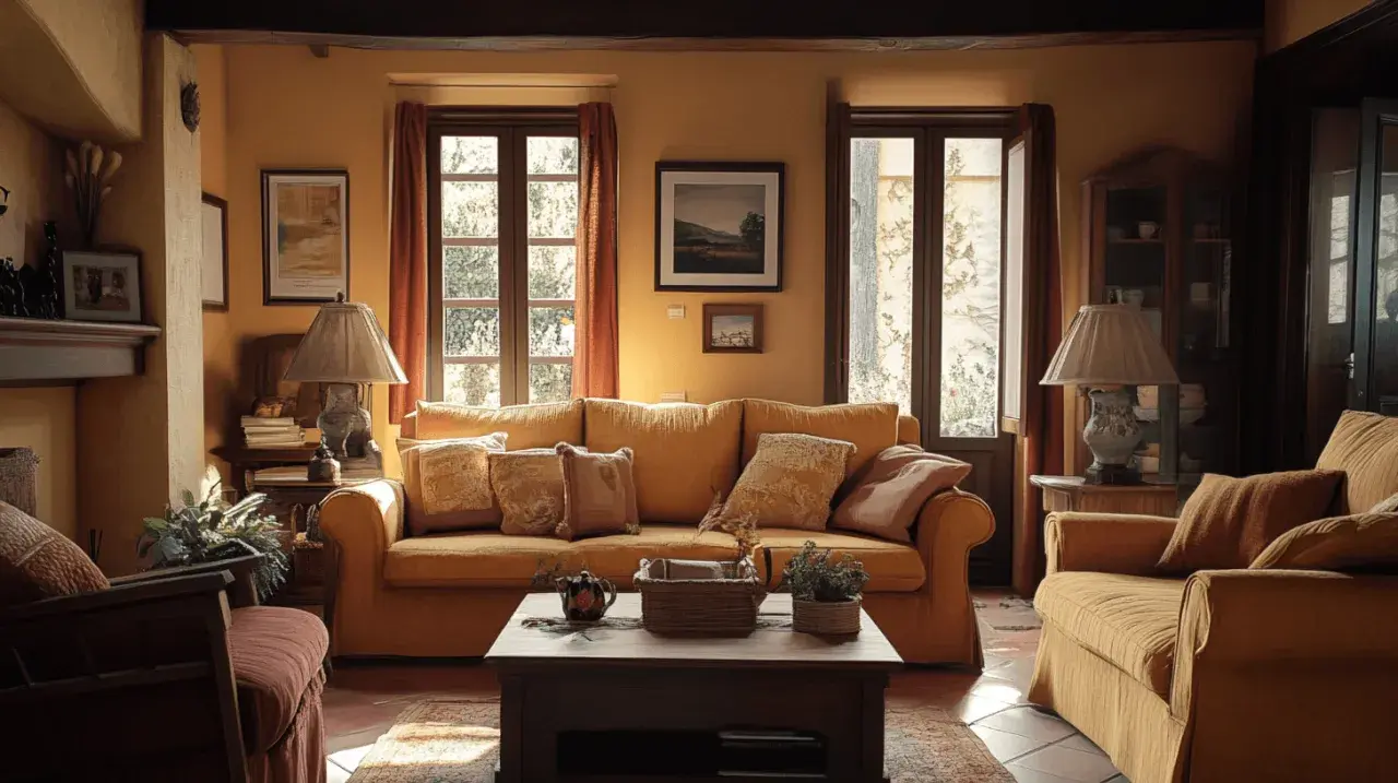 Acogedor salón con sofás y sillones en tonos cálidos, chimenea, lámparas y ventanas que evocan un **estilo toscano** rústico y confortable.