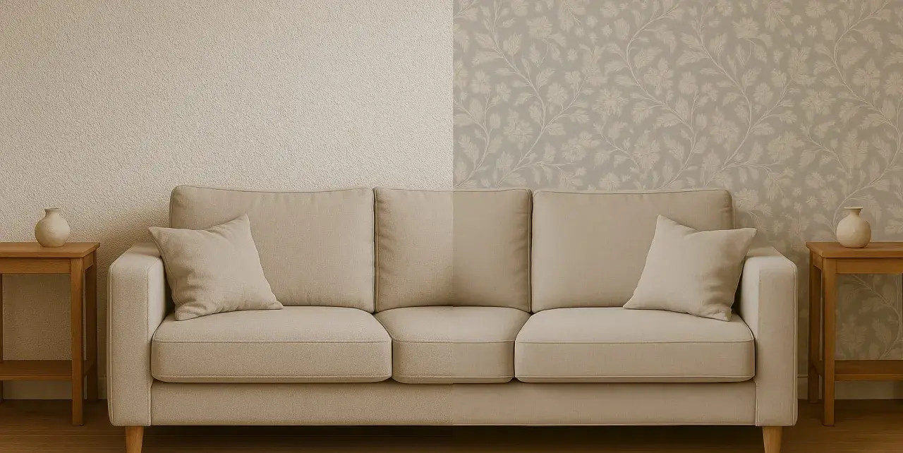 Sofá beige frente a pared dividida: una mitad con gotelé y la otra con papel pintado floral.