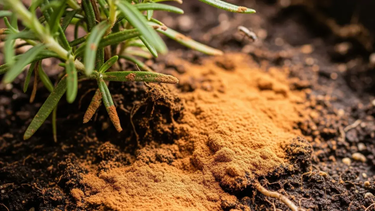 Polvo de canela para las plantas, aplicado cerca de las raíces de un romero. Un pequeño insecto se acerca.