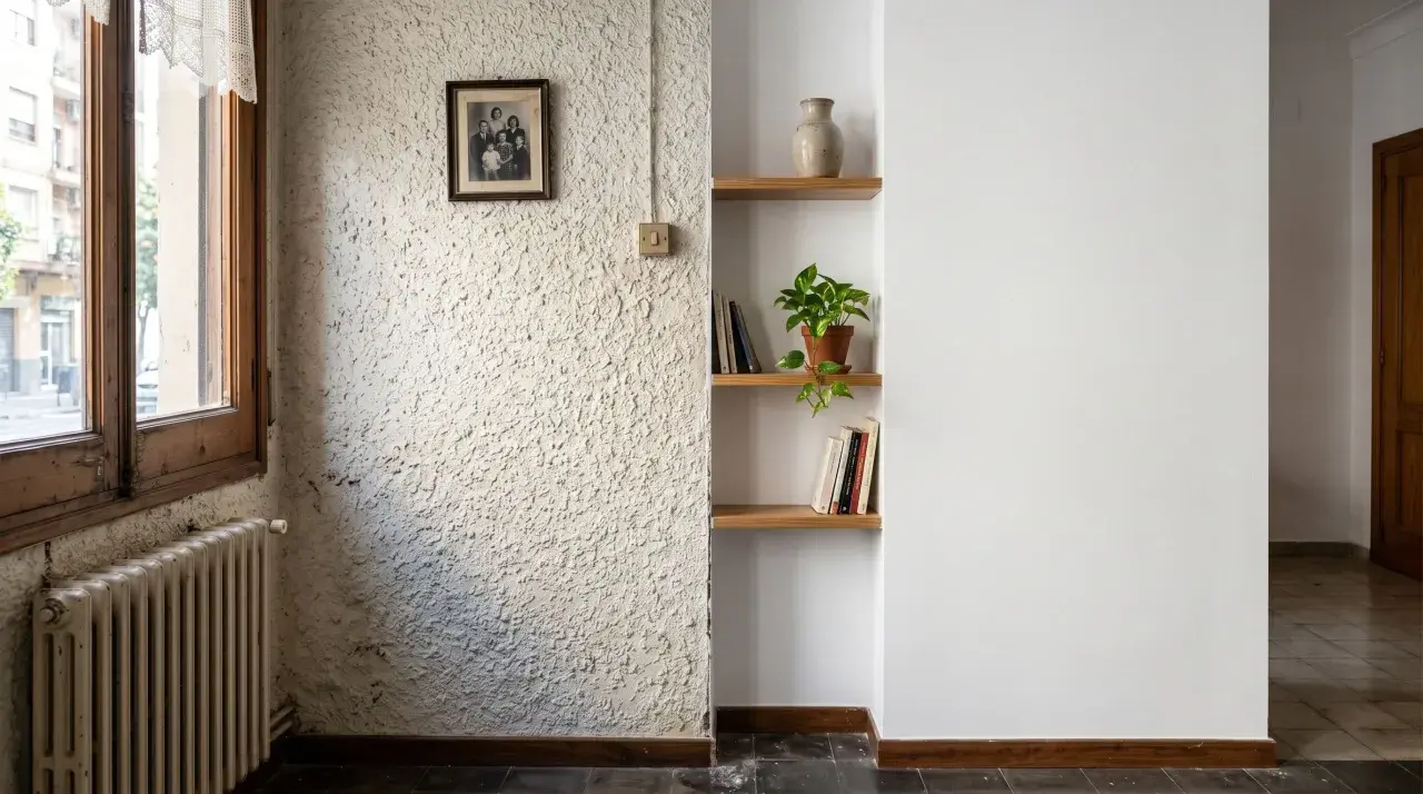 Un rincón con paredes lisas y otra con gotele, un retrato familiar, estanterías con libros y una planta.