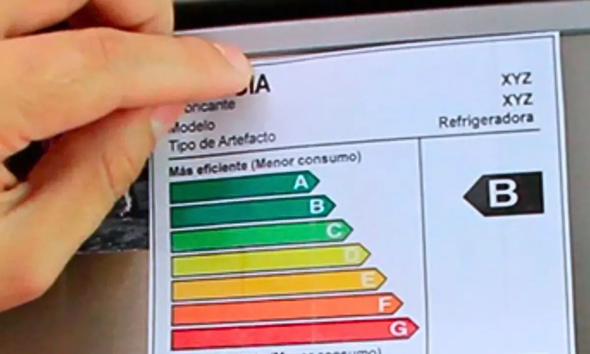 Etiqueta energética de una nevera. Explica que significan las letras en los electrodomésticos, indicando la eficiencia de la "B".