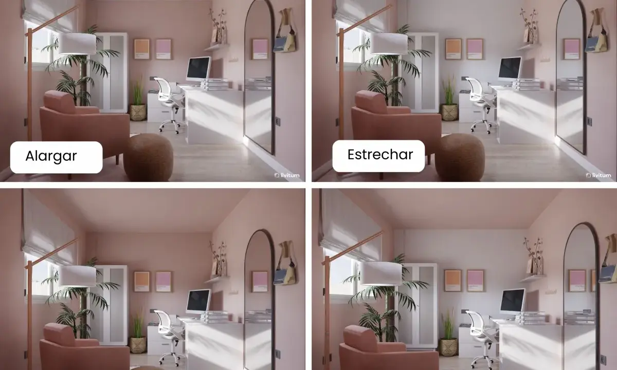 Cuatro vistas de una habitación con paredes y techos pintados del mismo color rosa pálido. Cada vista muestra un efecto diferente: alargar, estrechar, compactar y destacar.