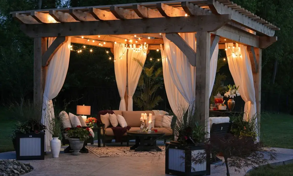 Pérgola iluminada con luces cálidas y cortinas blancas, creando un ambiente acogedor. Una idea perfecta para saber como iluminar un jardin y disfrutarlo de noche.
