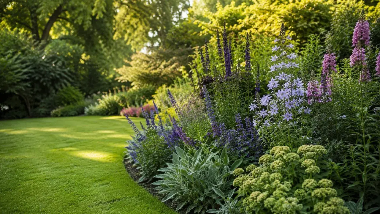 Un jardín exuberante con césped verde y un borde de flores vibrantes, como salvia y campanillas, son excelentes plantas perennes ejemplos.