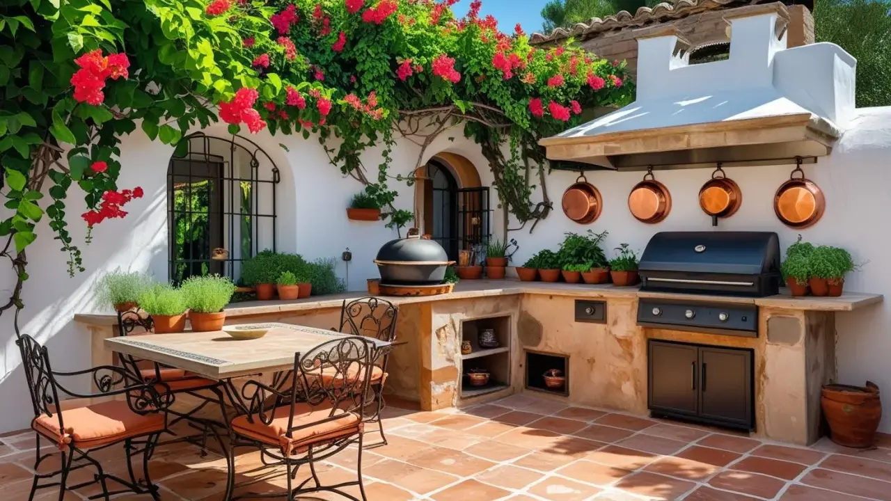 Ampliar cocina con terraza, ideal para disfrutar de barbacoas bajo buganvillas en flor. Mesa y sillas de forja, parrilla y campana extractora.