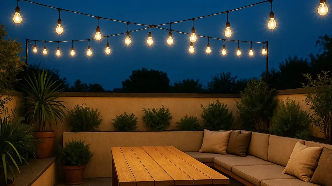 Ideas de iluminación para terraza: guirnaldas de bombillas cálidas iluminan un rincón acogedor con sofá y mesa de madera, creando un ambiente perfecto para la noche.