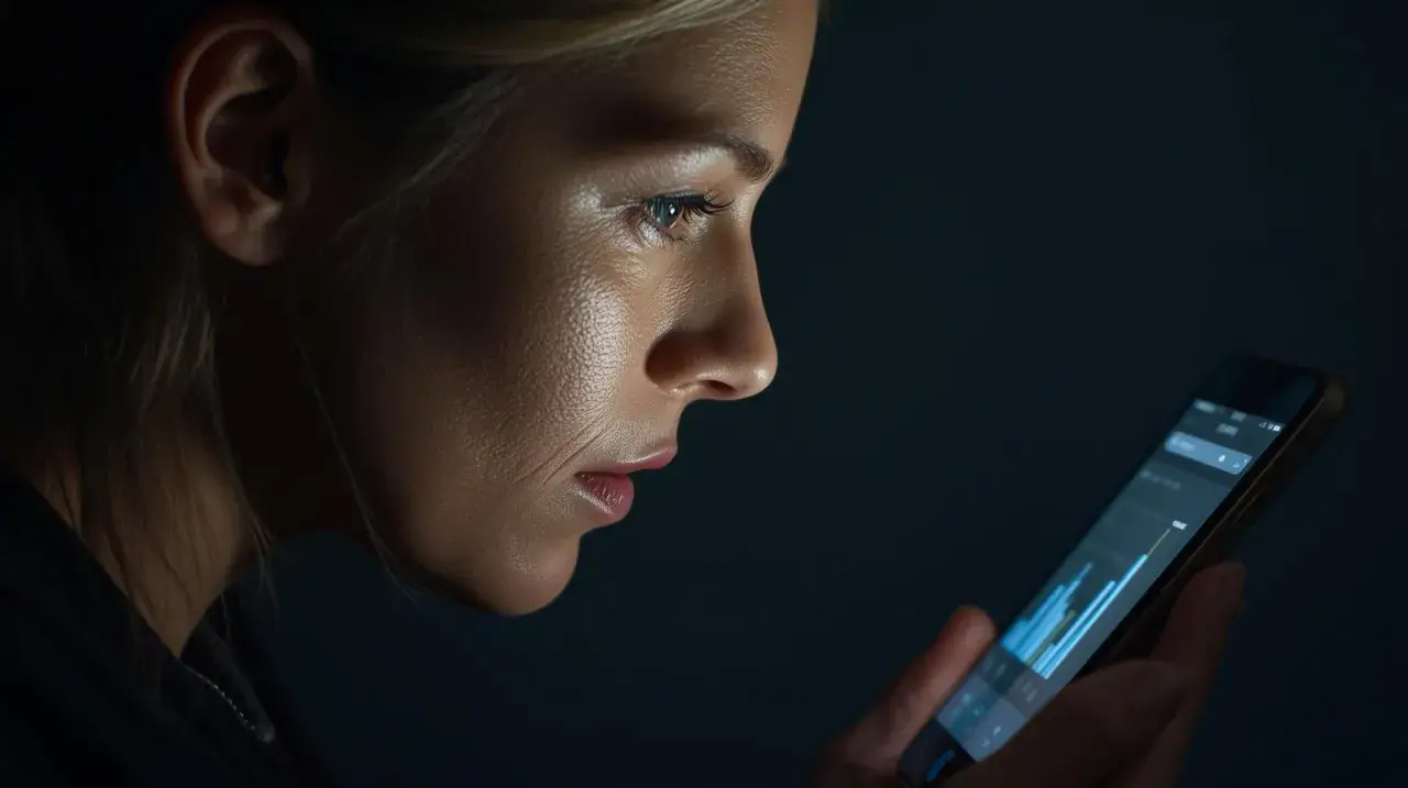 Mujer revisa su móvil, buscando información para cambiar compañía luz. La pantalla ilumina su rostro pensativo.