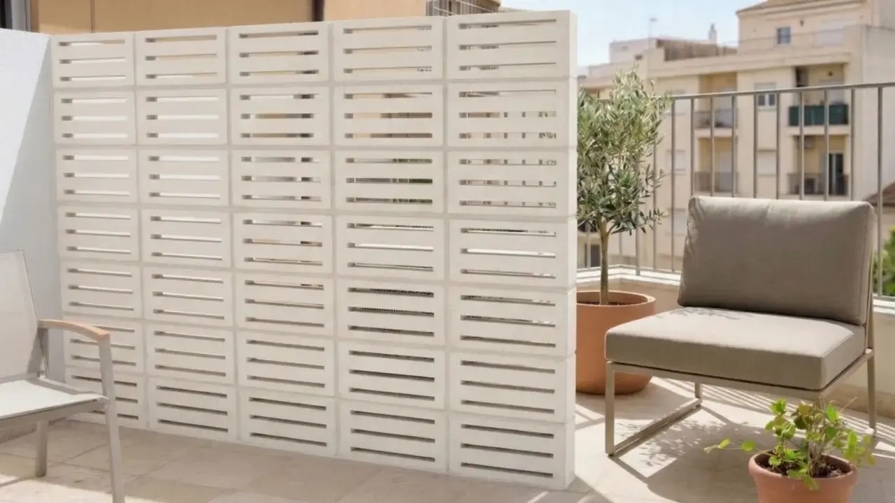 Modernos bloques de hormigón blanco crean un separador de ambiente, una de las mejores tapar balcon ideas. Un sillón y plantas completan el espacio.