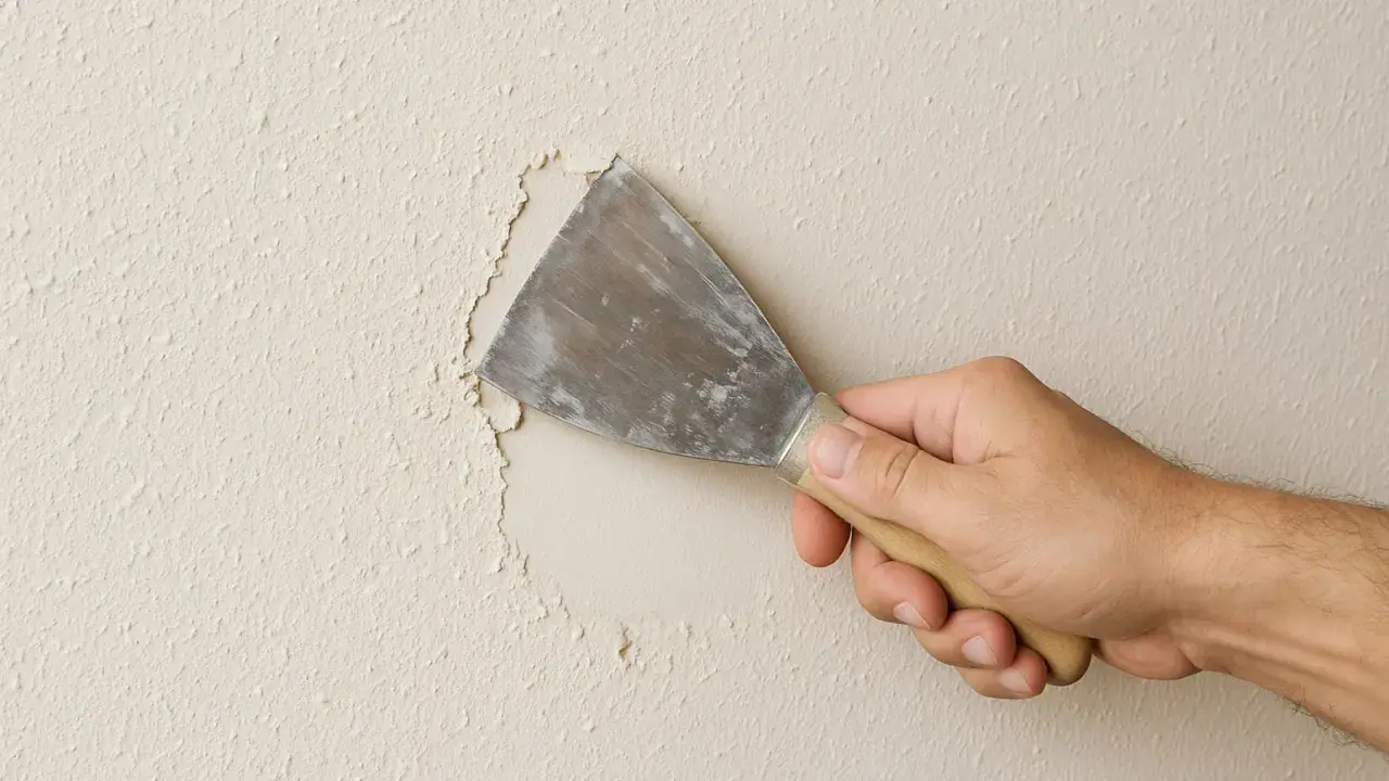 Mano con espátula rasca gotele de una pared, eliminando la textura irregular para prepararla.