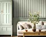 Un salón acogedor con un sofá beige, una mesita de madera y un armario antiguo. El papel para pared con gotele a rayas verdes y blancas crea un ambiente sereno.