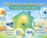 Guía visual para saber como ahorrar luz en casa: apaga luces, desconecta aparatos, usa programas eco, aprovecha luz natural.