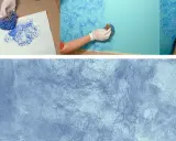 Manos con guantes crean originales pintar paredes con efectos texturizados usando esponjas y pintura azul.