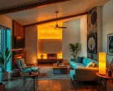 Salón de estilo mid century con sofá azul, chimenea iluminada y vigas de madera.