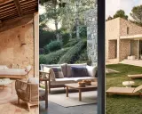 Porches rústicos con encanto: tres escenas de exteriores con mobiliario de madera y piedra, invitando al relax.