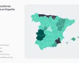 Mapa de España con áreas coloreadas que representan las distribuidoras de gas: Nedgia, Redexis, Nortegas, Gas Extremadura y Madrileña Red de Gas.